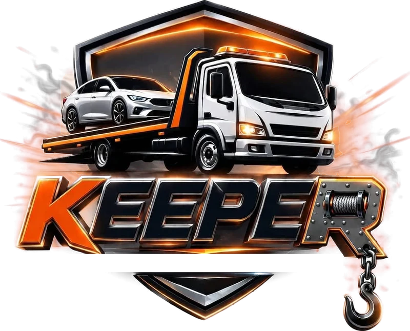 Logo de Keeper: grúa plataforma con un auto, sobre un escudo, y la palabra KEEPER con un huinche y un gancho